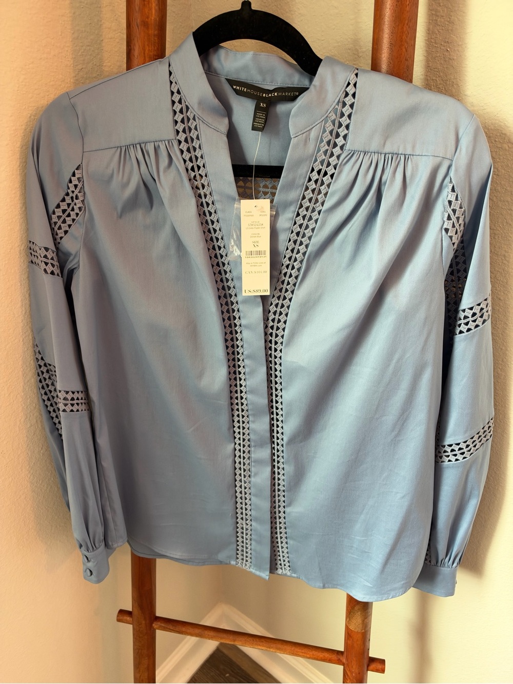 NWR WHITE HOUSE BLACK MARKET Light Blue Embroidered-Trim Button Cuff Blouse